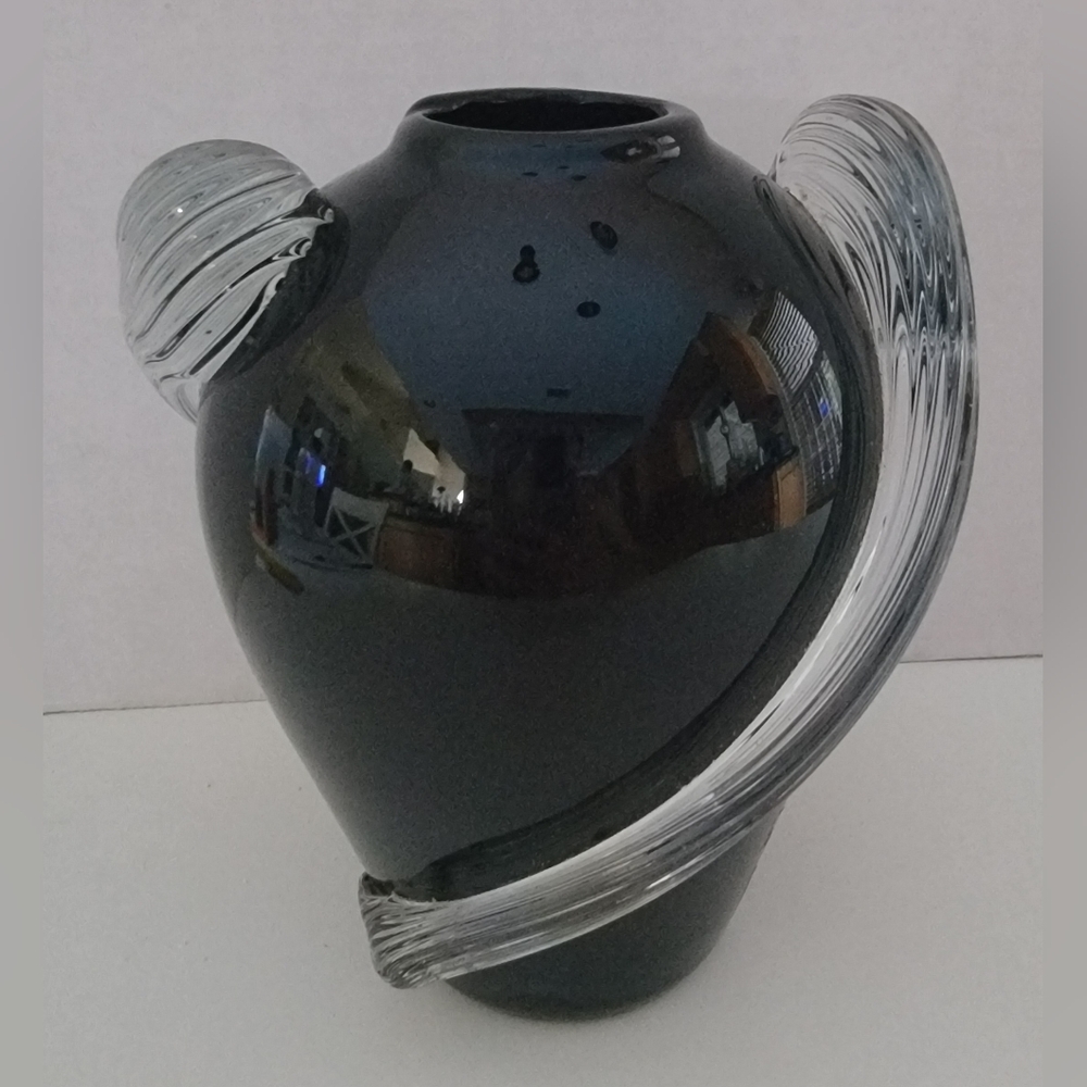Vtg Handblown Black Glass Art Deco 6"  Vase w/ Applied Pair Clear Glass Swirls